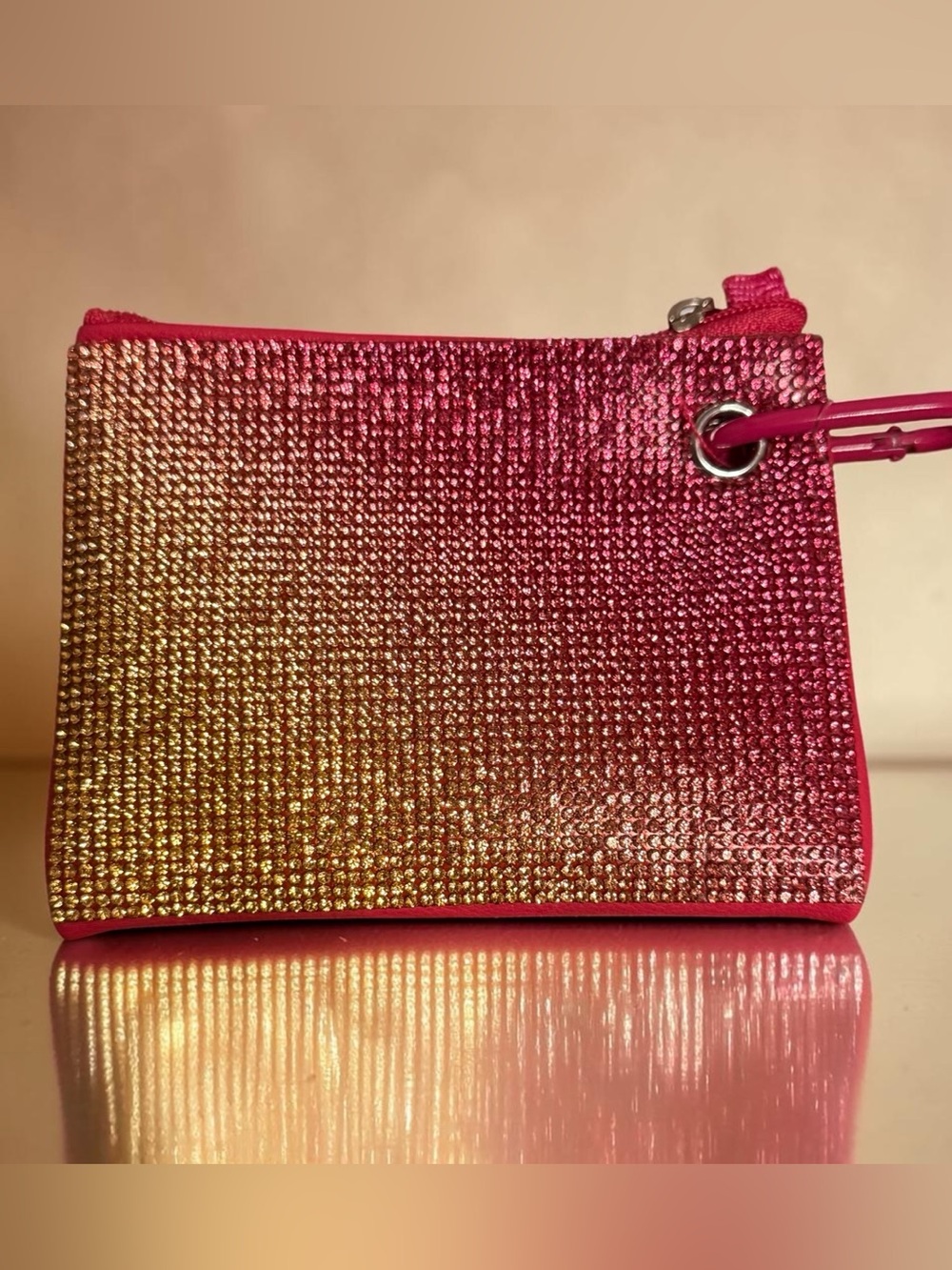 Rhinestone Ombre Card Holder Coin Purse Pink Gold Crystal Wallet Keychain NWT